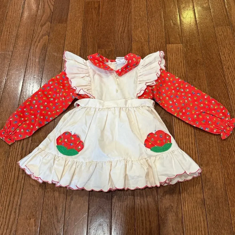 90s Vintage Nannette Prairie Dress 3T Red Floral White Apron Ruffle Cottagecore